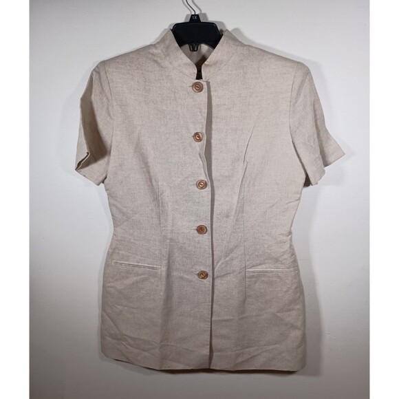 Vintage NY Sake Linen Blend Beige Short Sleeve Button Mandarin Collar Size 10 - Picture 1 of 6